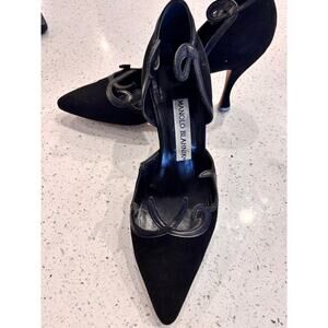Manolo Blahnik Black Suede Scroll Cut-Out D’Orsay Pumps EU 36.5 US 6–6.5